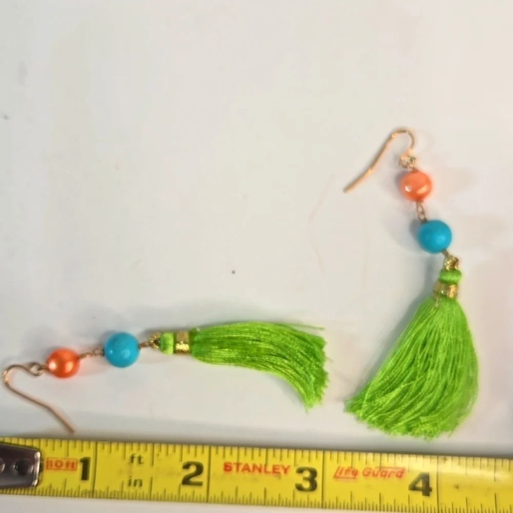 NWT icandi Artisan Boho Vibrant Earrings Green Tassel Turquoise Orange Pearl